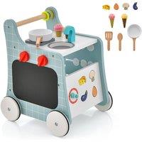 Costway 6-in-1 Wooden Baby Walker Activity Wooden Toy Activity Center w/ Play Kitchen in Blue