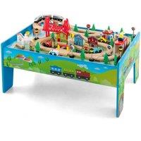 Costway 80 PCS Wooden Train Track Railway Playset Activity Table with Storage Drawer