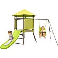 Costway Outdoor Swing Set Metal Backyard Playground Covered Playhouse Fort in Green