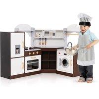 Costway Corner Wooden Play Kitchen Pretend Play Kitchen with Lights & Sounds in Brown