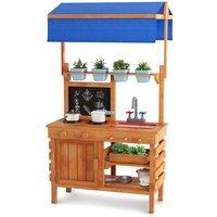 Costway Potting Bench Fir Wood Play Kitchen w/ Adjustable Canopy-Natural in Natural