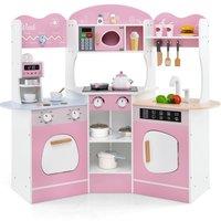 Gymax Corner Toy Kitchen Wooden Kitchen Playset With Sounds-Pink in Pink