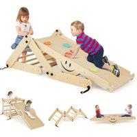 Costway Climbing Set Foldable Wooden Climber Toys w/Reversible Ramp in Natural