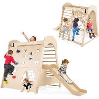 Costway Indoor Jungle Gym Wooden Playground with Climbing Wall in Natural