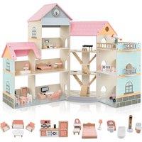 Gymax Pink Roof Doll House Playset With 3 Stories Patio & Garage Dream House