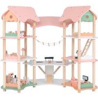 Gymax Multi-Layer Dollhouse With 33PCS Furniture Accessories Wooden DIY Play in Pink