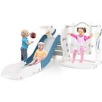 Gymax 4-in-1 Slide & Swing Set With Extended Slide Climber Basketball Hoop in Blue