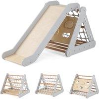 Gymax 4 in 1 Climbing Frame 3-Sided Triangle Climber With Ramp & Slide in Grey