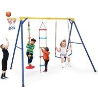 Gymax 4-in-1 Swing Set Outdoor Heavy-Duty Climbing Playset Basketball Hoop in Yellow