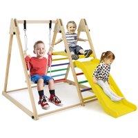Gymax 3-in-1 Folding Wooden Climbing Toys Indoor Jungle Gym With Swing