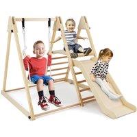 Gymax 3-in-1 Folding Wooden Climbing Toys Indoor Jungle Gym With Swing in Natural