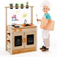 Gymax Mud Kitchen Wooden Toy Kitchen Play Set With Chalkboards Planting Pots in Light Khaki