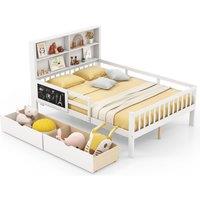 Gymax Double Size Bed Frame Platform Bed With Bookcase Headboard Blackboard in White