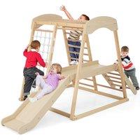 Gymax 6-in-1 Jungle Gym Wooden Indoor Large Climbing Toy with Monkey Bars in Light Khaki