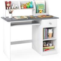 Gymax Study Desk Wooden Writing Table With Keyboard Tray & Drawer in Grey