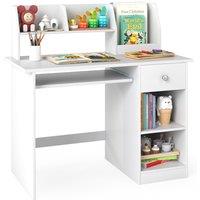 Gymax Study Desk Wooden Writing Table With Keyboard Tray & Drawer in White