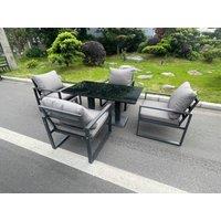 Fimous Aluminum Garden Furniture Dining Set Adjustable Rising Lifting Table & Chairs Patio Outdoor 4 Seat Plus Black Tempered Glass Dark Grey