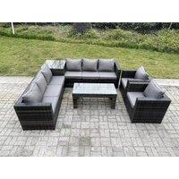 Fimous 8 Seater Rattan Corner Sofa Set With Square Side Table & Oblong Rectangular Coffee Tea Table Arm Chair in Dark Grey