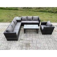 Fimous 7 Seater Rattan Corner Sofa Set With Square Side Table & Oblong Rectangular Coffee Tea Table Arm Chair in Dark Grey