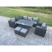 Fimous 7 Seater Rattan Garden Furniture Set Patio Rectangular Dining Table Lounge Sofa Chair 2 Stools in Dark Grey