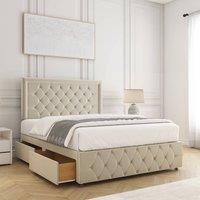 BSSPOKE Lena Plush Velvet Divan Bed 24Headboard & Footboard Mattress 4Drawers in Cream | Size: King