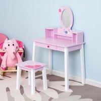 HOMCOM Kids Wooden Dressing Table with Stool Mirror Table & Desk Set Toys Pink