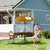 OUTSUNNY Kids Foldable Four-Piece Garden Set with Table, Chairs, Adjustable Umbrella in Brown
