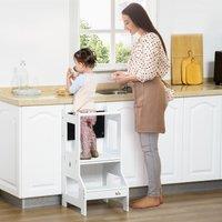 HOMCOM 2-in-1 Kids Kitchen Step Stool Table Chair Set W/ Safety Rail Chalkboard, White