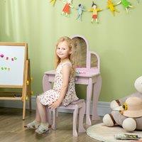HOMCOM Kids Dressing Table & Stool with Mirror & Drawer, for Ages 3-6 Years - Pink
