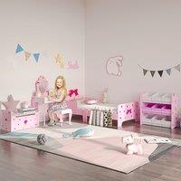 ZONEKIZ Kids Dressing Table with Mirror, Stool, Drawer, Cute Patterns - Pink