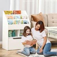 HOMCOM Kids Bookshelf Bookcase with Storage Drawer with Wheels Toy Organiser in White