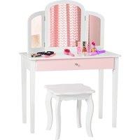 Costway Kids Vanity Table & Stool Set Princess Makeup Dressing Table w/ Drawer in White