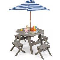 Costway Wooden Octagon Table Set Kids Picnic Table & 4 Chairs w /Umbrella in Grey