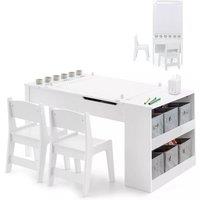 Costway 2-in-1 Art Table & Chairs Set Wooden Toddler Craft Easel Desk W/ Shelves in White