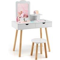 Costway 2-in-1 Kids Vanity Set Kids Wood Vanity Table Stool w/ Mirror & 2 Drawers in White