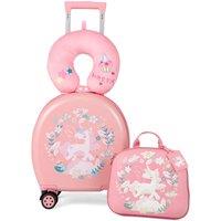 Costway 4 Piece Luggage Set Kids Journey Suitcase Set w/14 Luggage in Pink