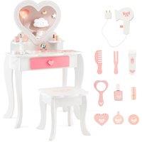 Costway 2-in-1 Kids Vanity Set Pretend Makeup Table & Chair Set w/ Heart-shaped Mirror in White