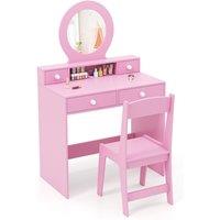 Costway Kids Vanity Set Princess Makeup Dressing Desk & Chair Set w/ Mirror in Pink