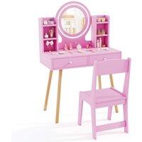 Costway Kids Vanity Set Princess Vanity Desk Set w/ LED Lighted Mirror in Pink