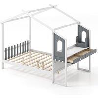 Gymax Double House Bed Frame with Desk Kids Bed with Roof Canopy & 2 Drawers in White