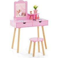 Gymax Kids Wood Vanity Dressing Table & Stool with Mirror & 2 Large Drawer in Pink