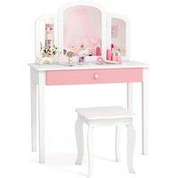 Gymax Kids Vanity Table & Stool Set Princess Makeup Dressing Table With Drawer in White