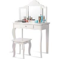 Gymax Kids Vanity Table & Stool Set With Detachable Mirror & Large Drawer in White