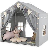 Gymax Kids Play Tent 3-4 Kids Play House With Star Lights Opening Doors Play Mat in Grey