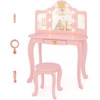 Gymax Kids Vanity Table & Chair Set With Tri-folding Mirror Adjustable Light in Pink