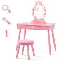Gymax Kids Vanity Table Set With Stool Dressing Table With Light & Drawer in Pink