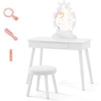 Gymax Kids Vanity Table Set With Stool Dressing Table With Light & Drawer in White
