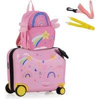 Costway 2PCS Kids Luggage Set 4L Backpack + 17L Ride-on Hardshell Suitcase in Pink
