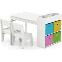 Costway Kids Art Table & Chairs Set w/Paper Roll Wooden Craft Desk in White