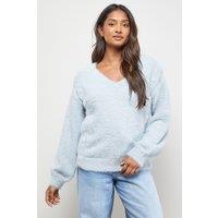 Oasis Women's Eyelash Knitted Pearl Embellished V Neck Jumper in Grey Marl | Size: Small